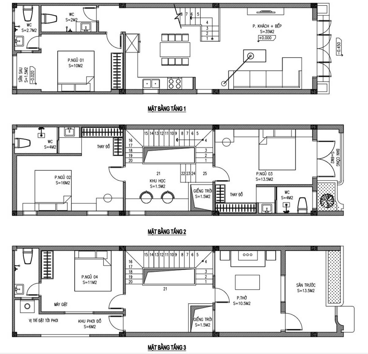Mặt bằng nhà phố 3 tầng 4,5x20m